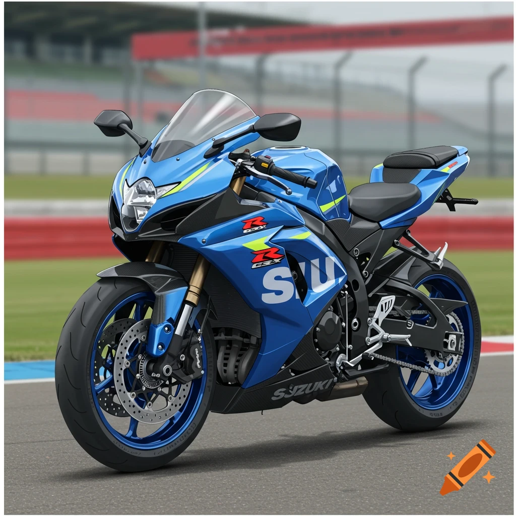 A blue Suzuki GSX-R motorcycle is shown on a race track.