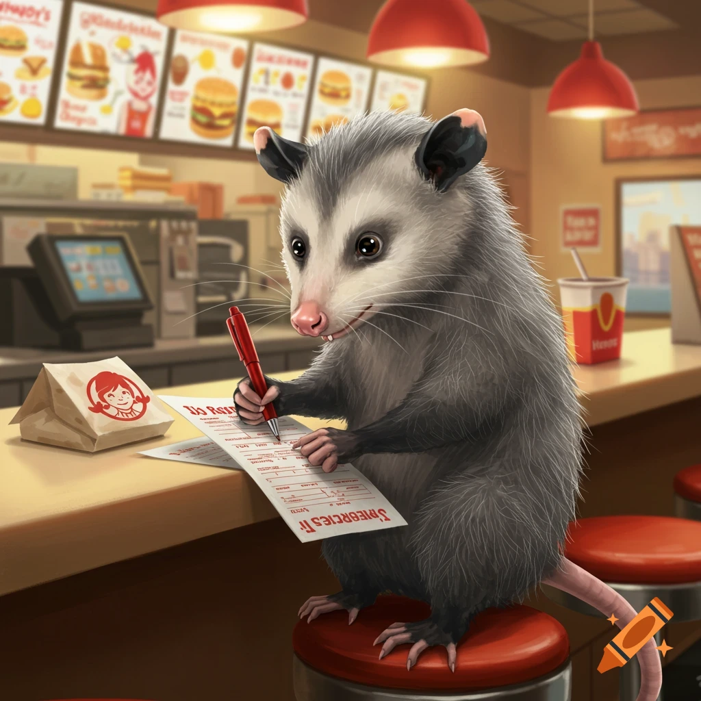 A possum sits at a fast food counter writing on a form.
