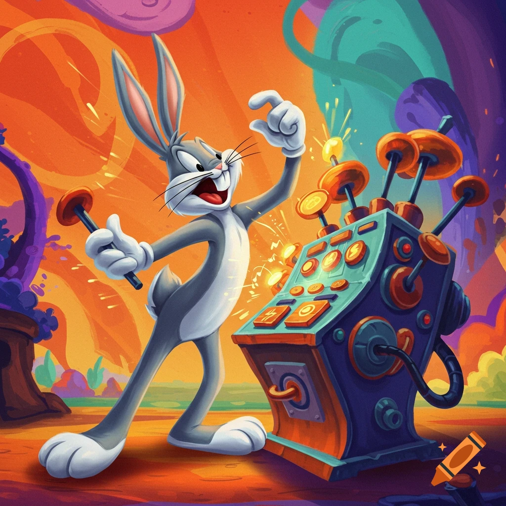 Bugs Bunny interacts with a complex machine in a vibrant, stylized cartoon scene.