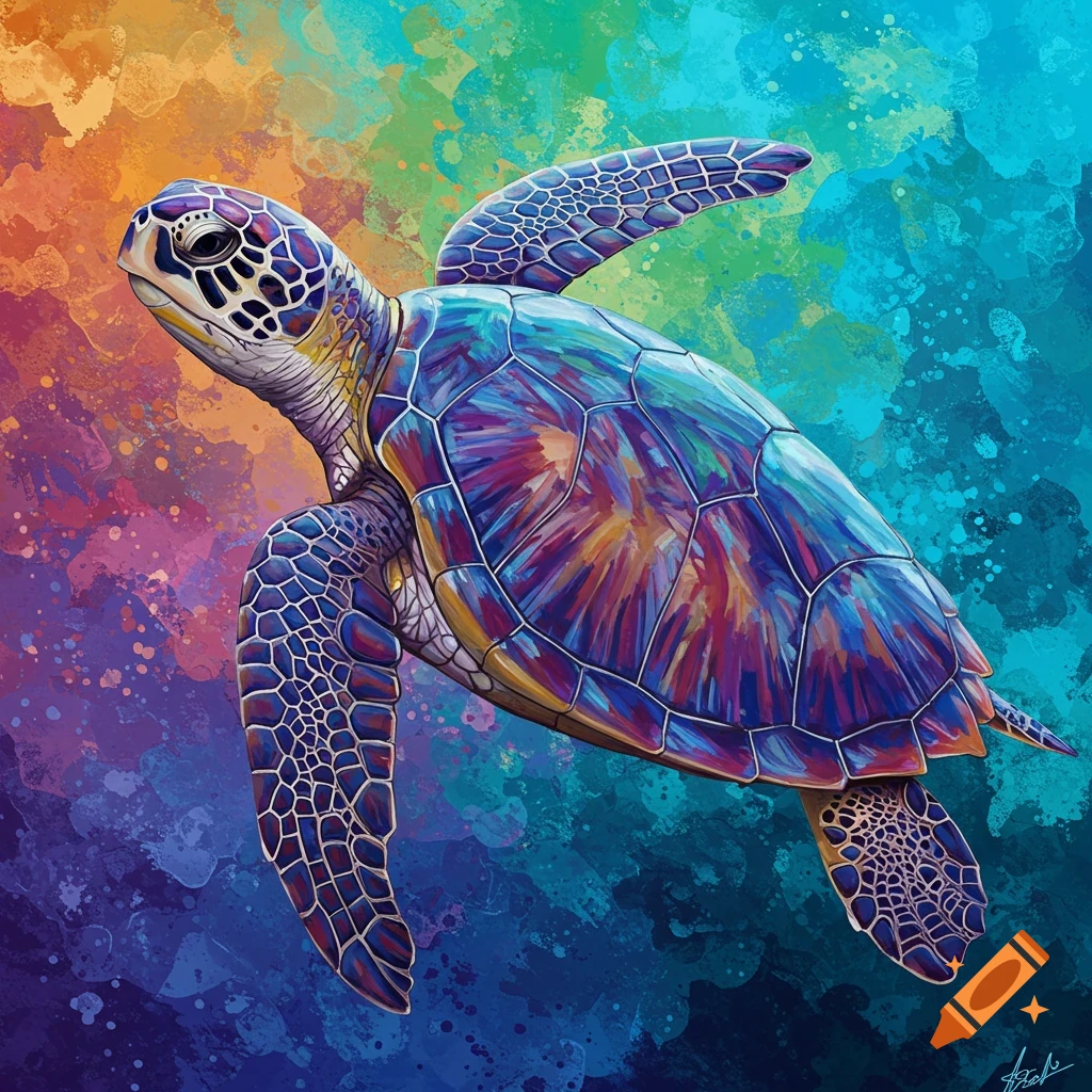 A colorful sea turtle swimming against an abstract background.