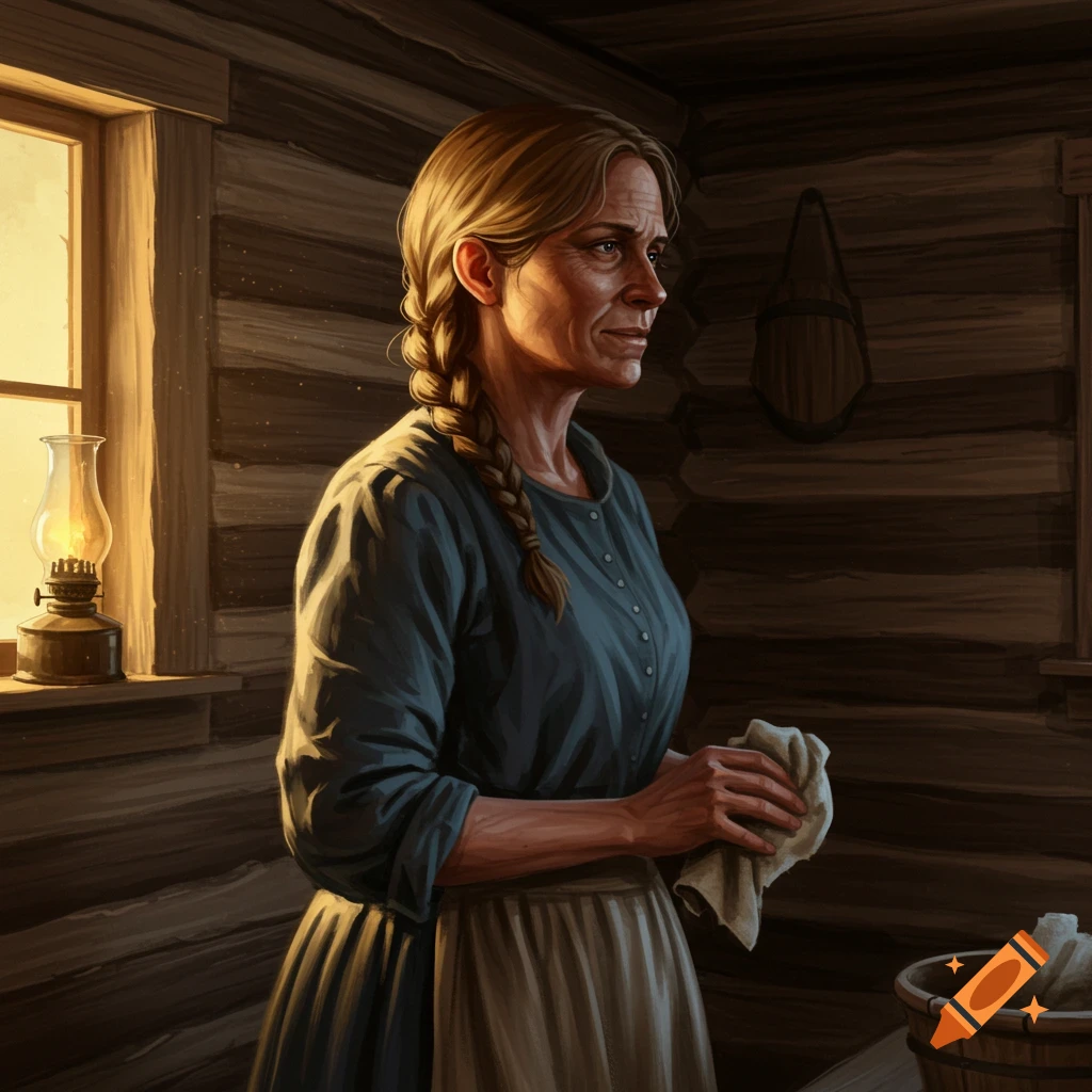 A pioneer woman in a rustic cabin holding a cloth.