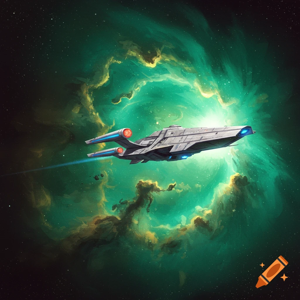 A spaceship flying into a glowing green nebula.