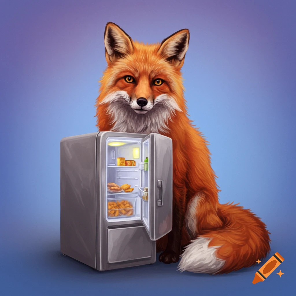 A red fox sits next to an open refrigerator.