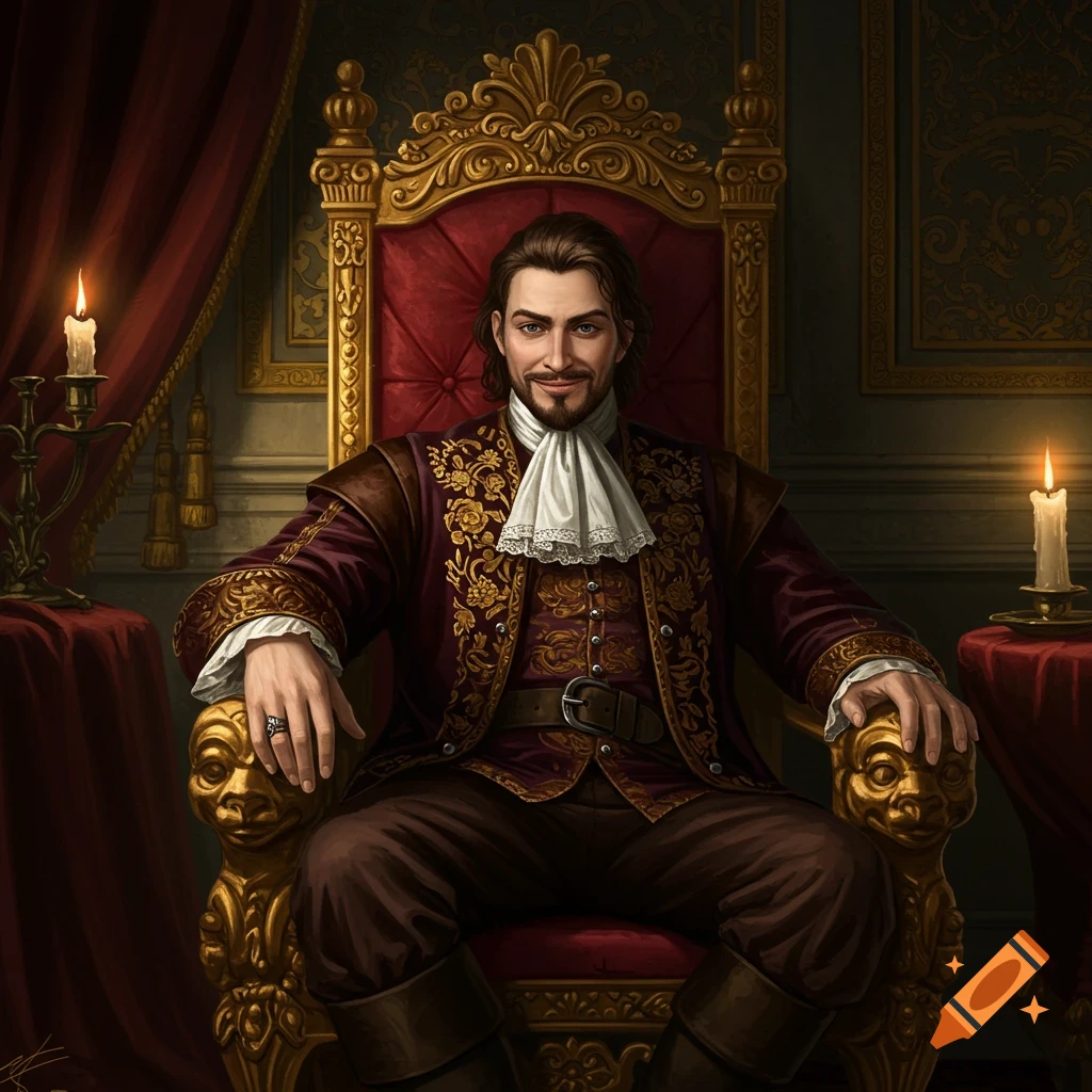 A man in elaborate robes is sitting on a golden throne.