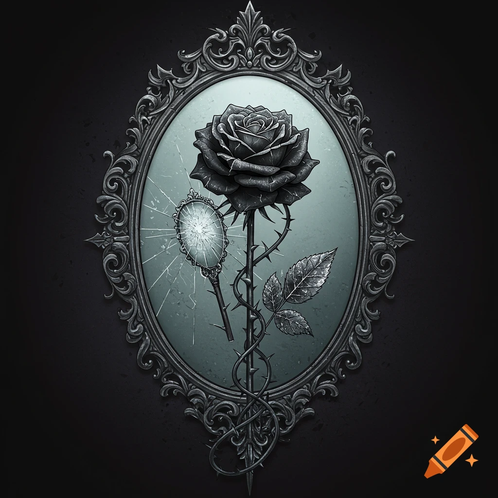 Gothic illustration of a black rose and broken mirror in an ornate oval frame.