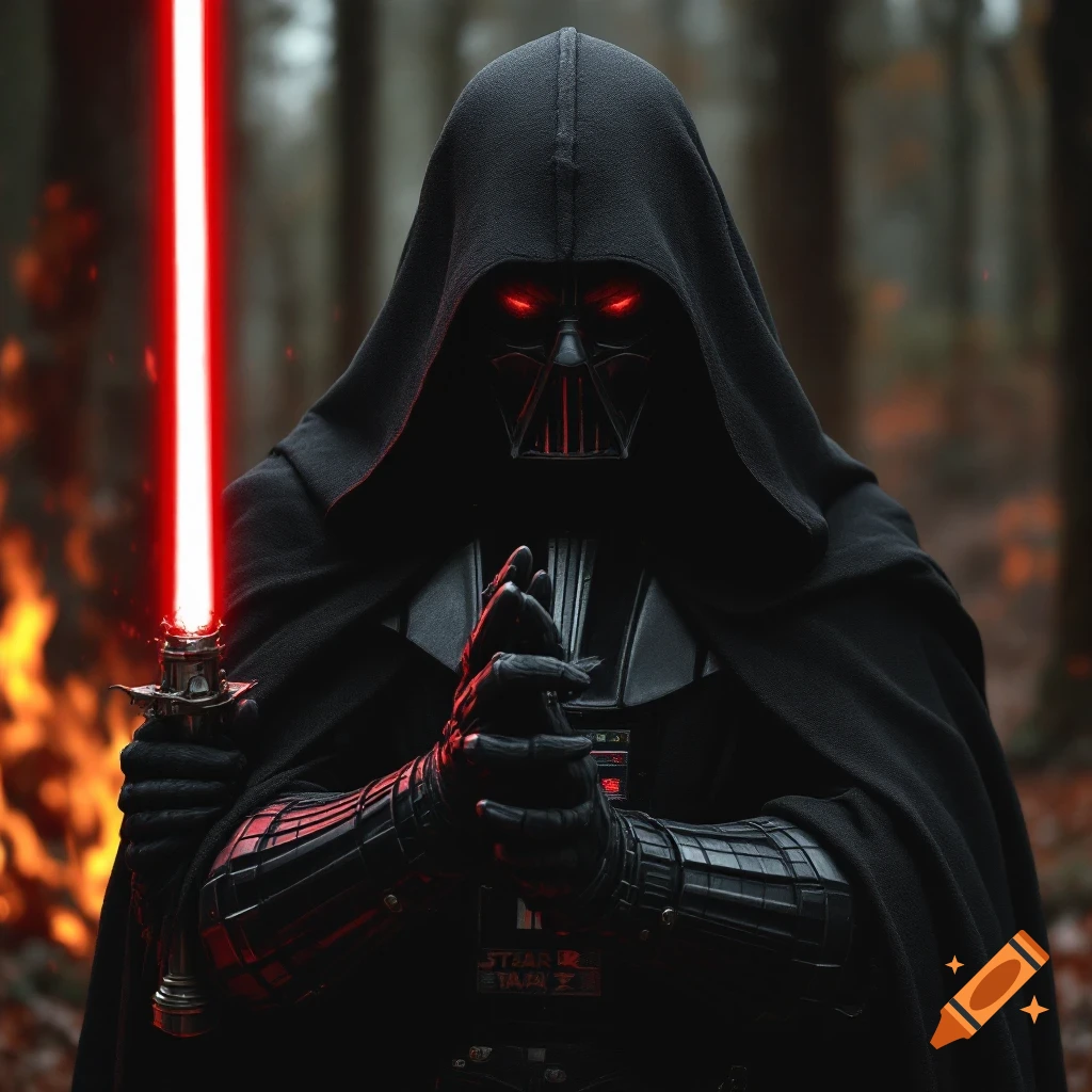 Photorealistic image of a figure resembling Darth Vader holding a red lightsaber in a forest with fire.