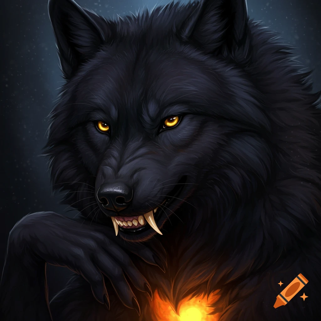 Close-up of a black wolf with glowing yellow eyes and large fangs, holding a glowing orange light.