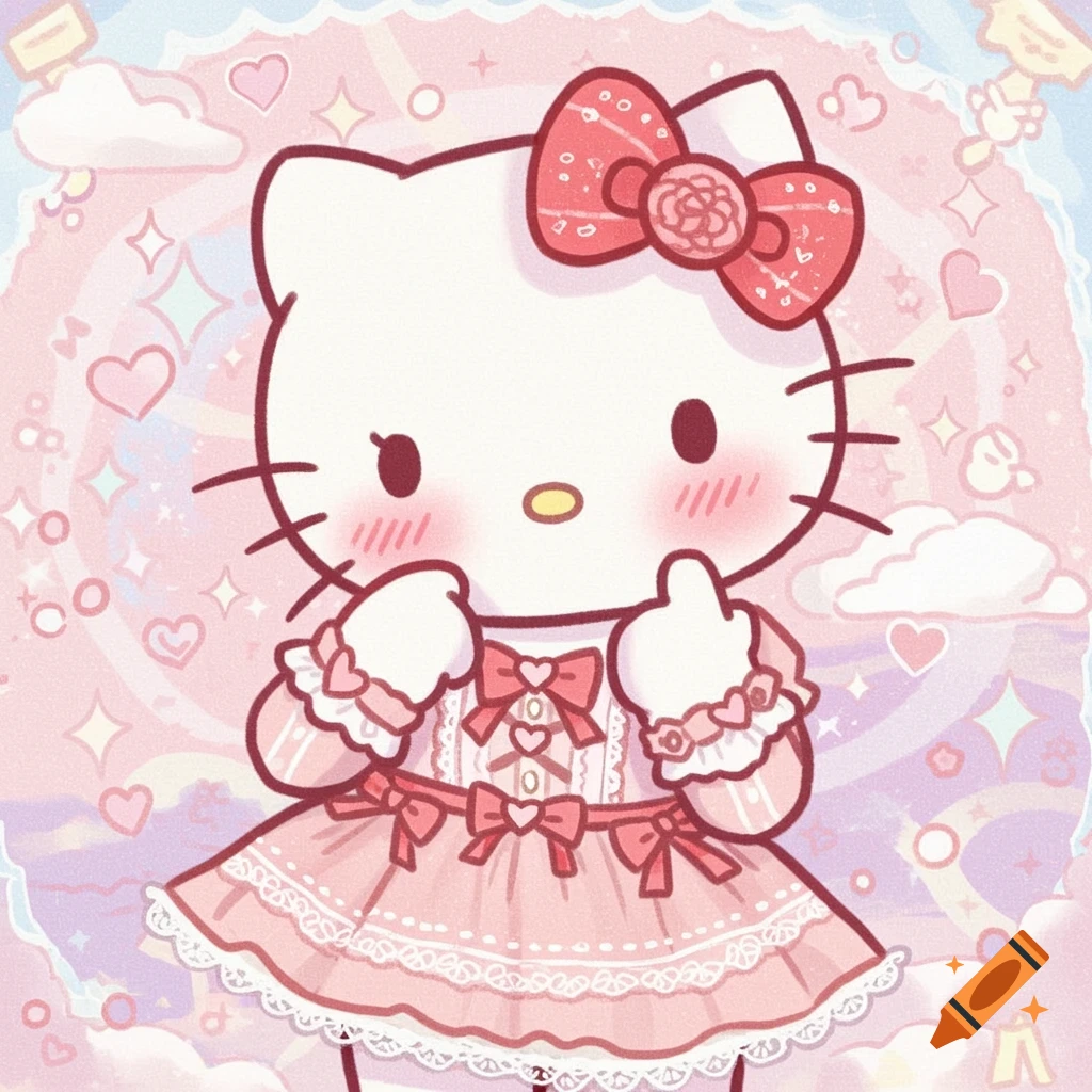 Cartoon Hello Kitty in a pink dress with bows, standing in a pastel scene with hearts and clouds.