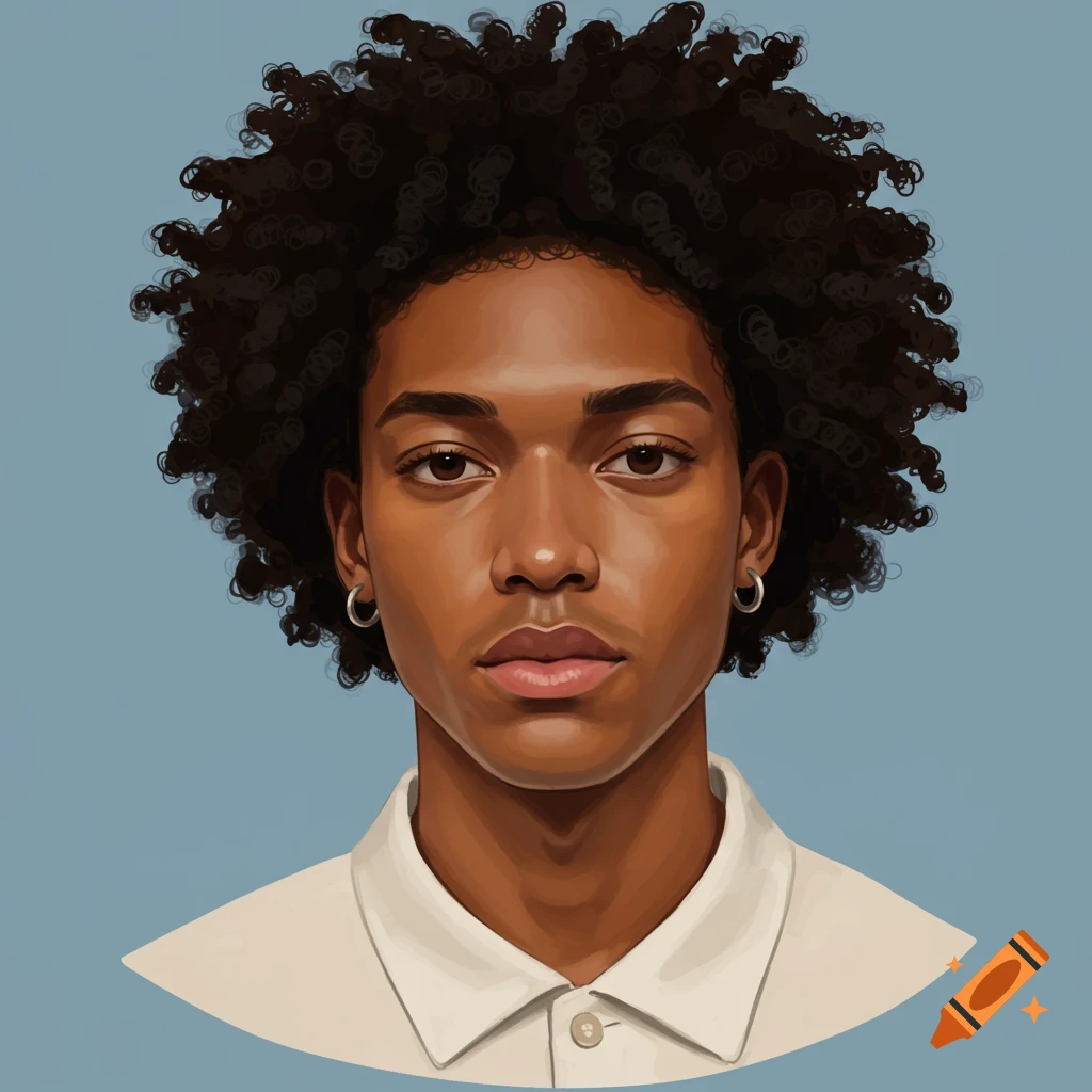 Portrait of a young person with dark skin and curly hair wearing a white collared shirt against a blue background.