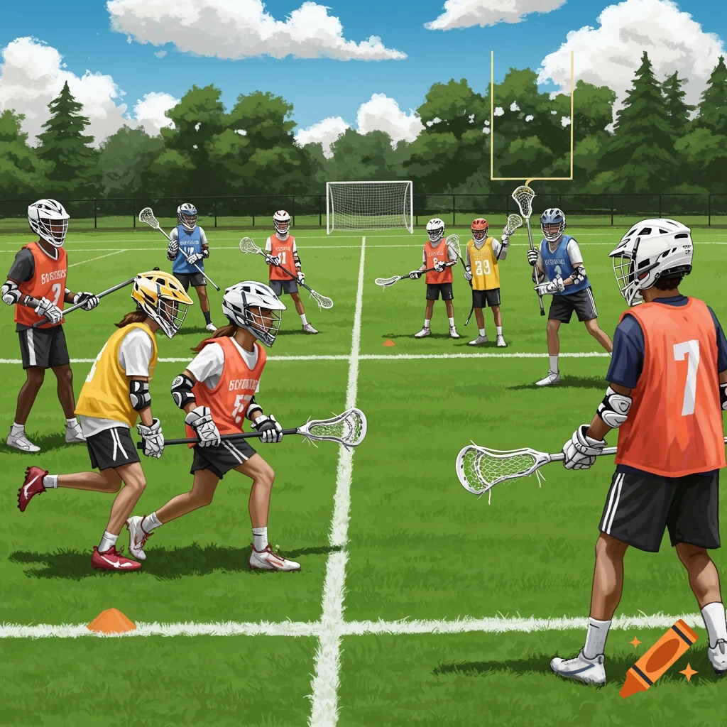 A diverse group of youth players are practicing lacrosse on a sunny field with trees and a goal.