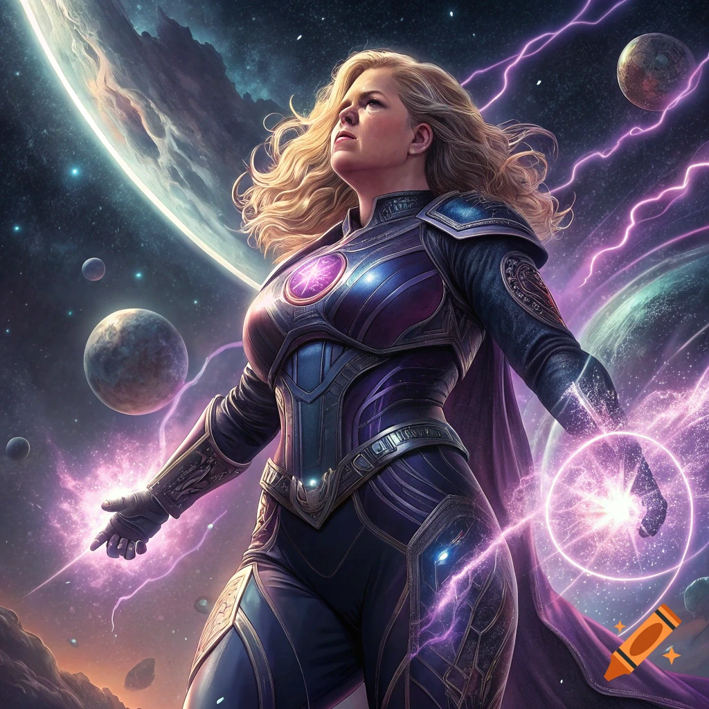 Woman in purple futuristic armor with energy powers in a cosmic setting.