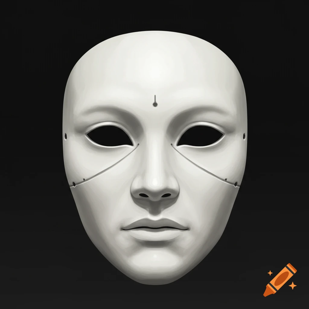 A white porcelain mask with eye and nose holes against a dark background.