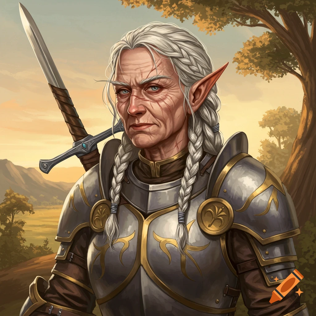 Painting of an old elf woman with white braided hair and scars, wearing silver armor, against a landscape backdrop.