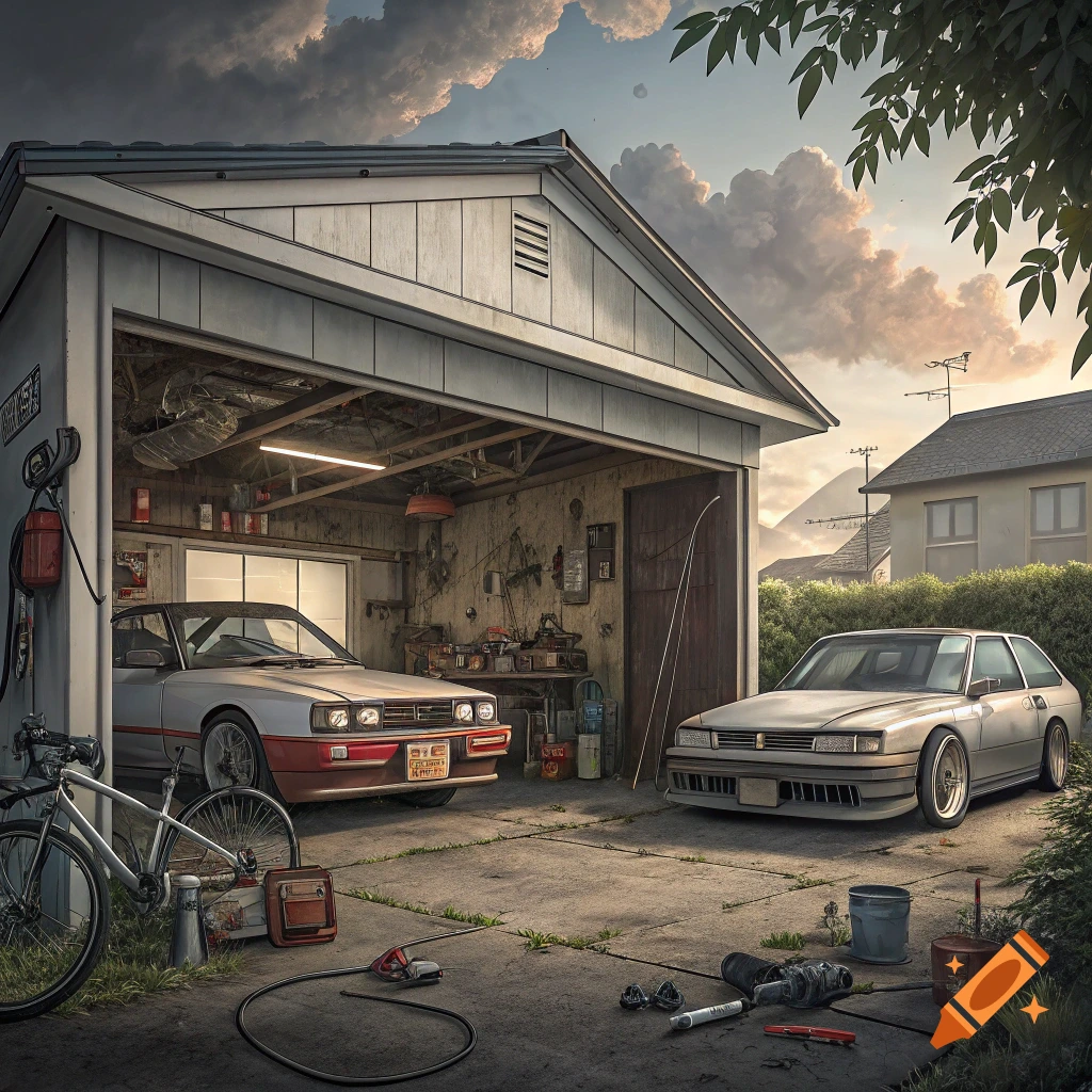 Two cars, one inside a garage and one in the driveway, surrounded by tools and equipment in a photorealistic style.
