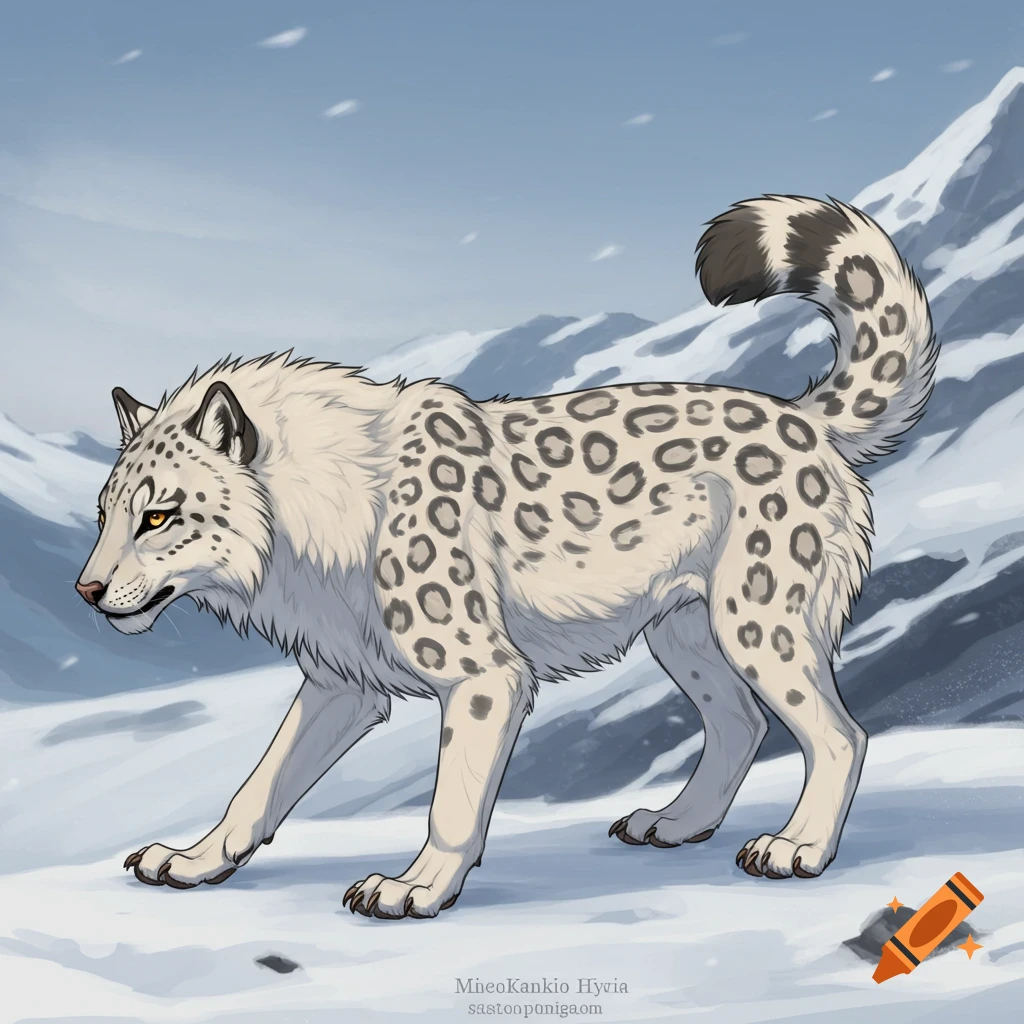 A snow leopard and wolf hybrid walks in a snowy mountain landscape.