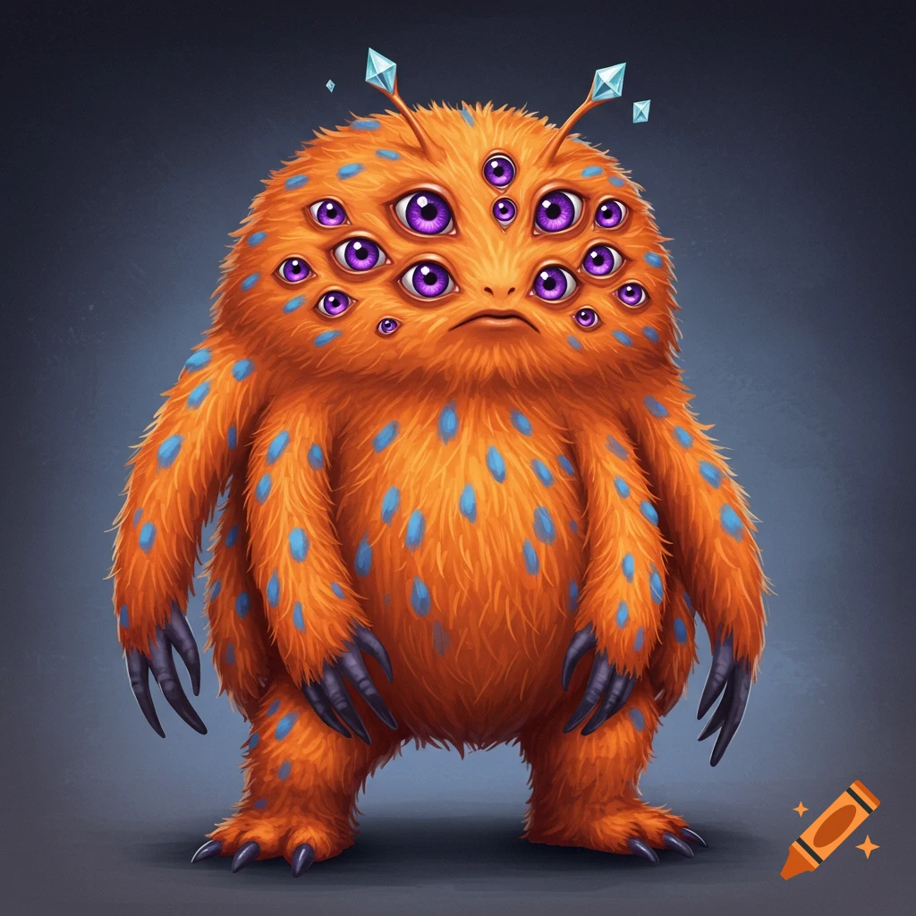 Orange furry monster with many purple eyes and blue spots.