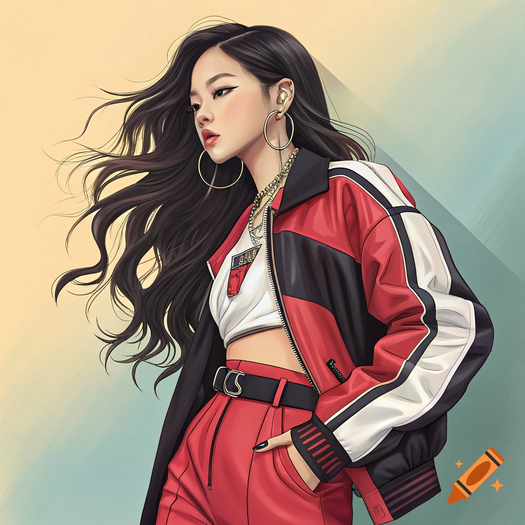 Stylized illustration of a woman with long dark hair wearing a red, black, and white jacket and red pants.