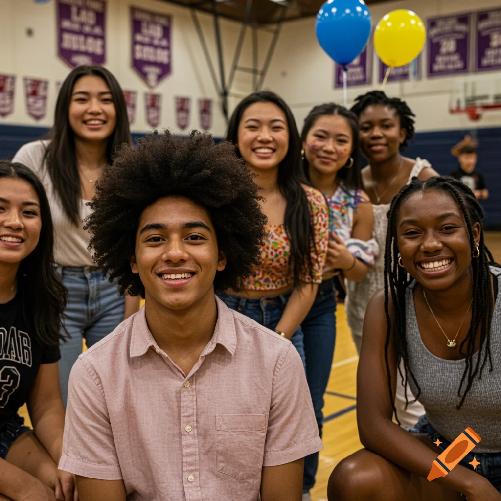 Diverse group of smiling students posing in a school gymnasium with banners and balloons