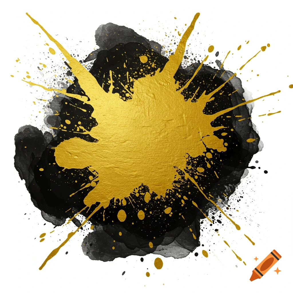 Abstract gold and black paint splatter on a white background