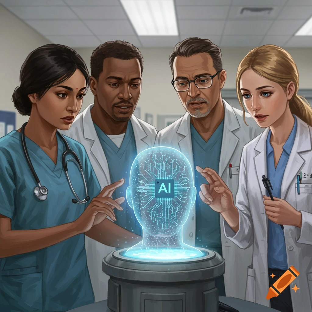 Four healthcare professionals examine a glowing holographic head displaying circuitry and 'AI' text.