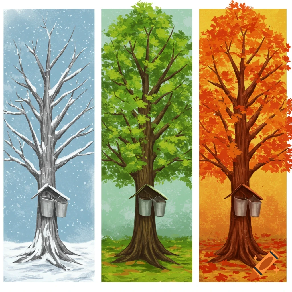 A maple tree is shown in three panels, depicting winter, summer, and fall, with sap buckets in each panel.