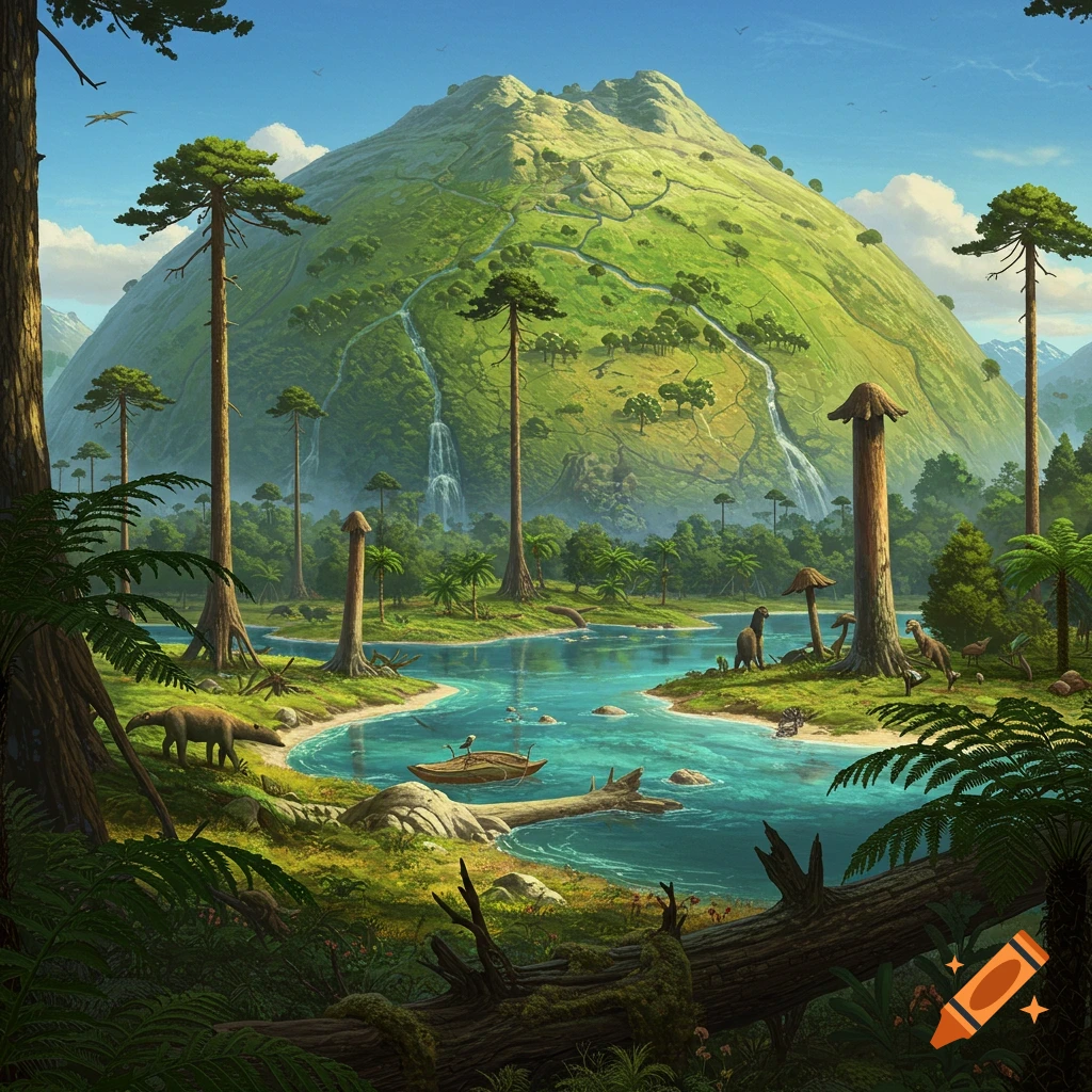 Prehistoric landscape with dinosaurs, river, and mountain