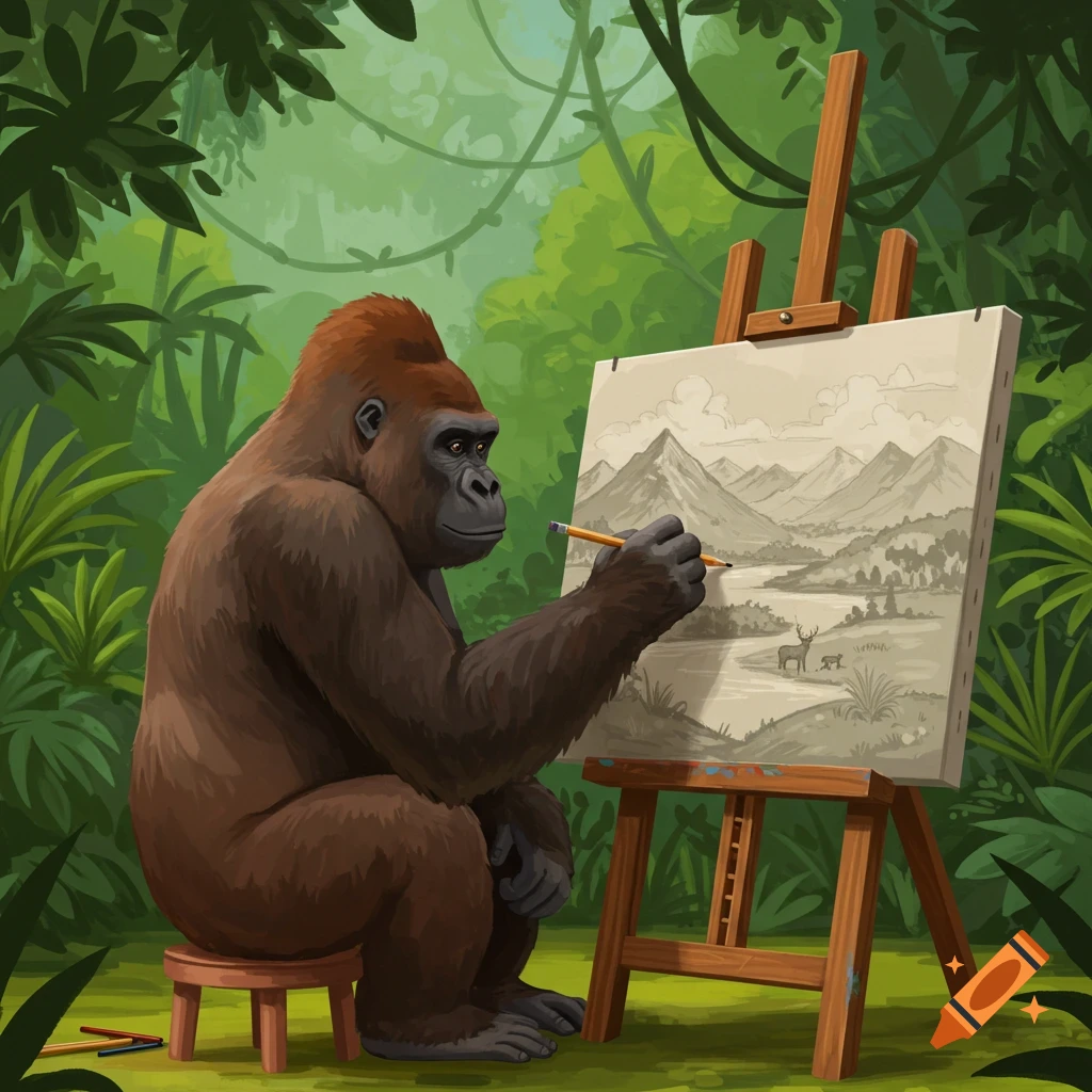 A gorilla sits on a stool painting a landscape on an easel in a lush jungle.