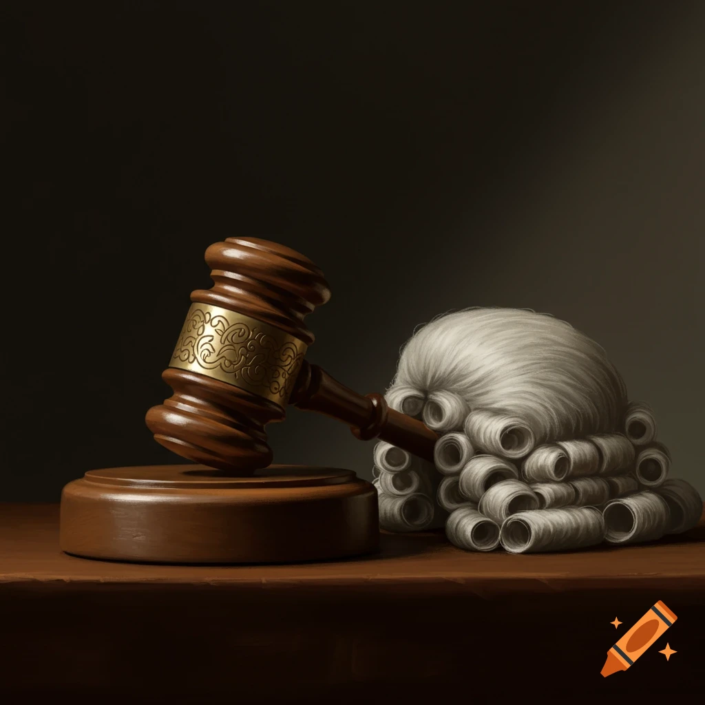 A wooden gavel with gold trim and a powdered judge's wig on a table.
