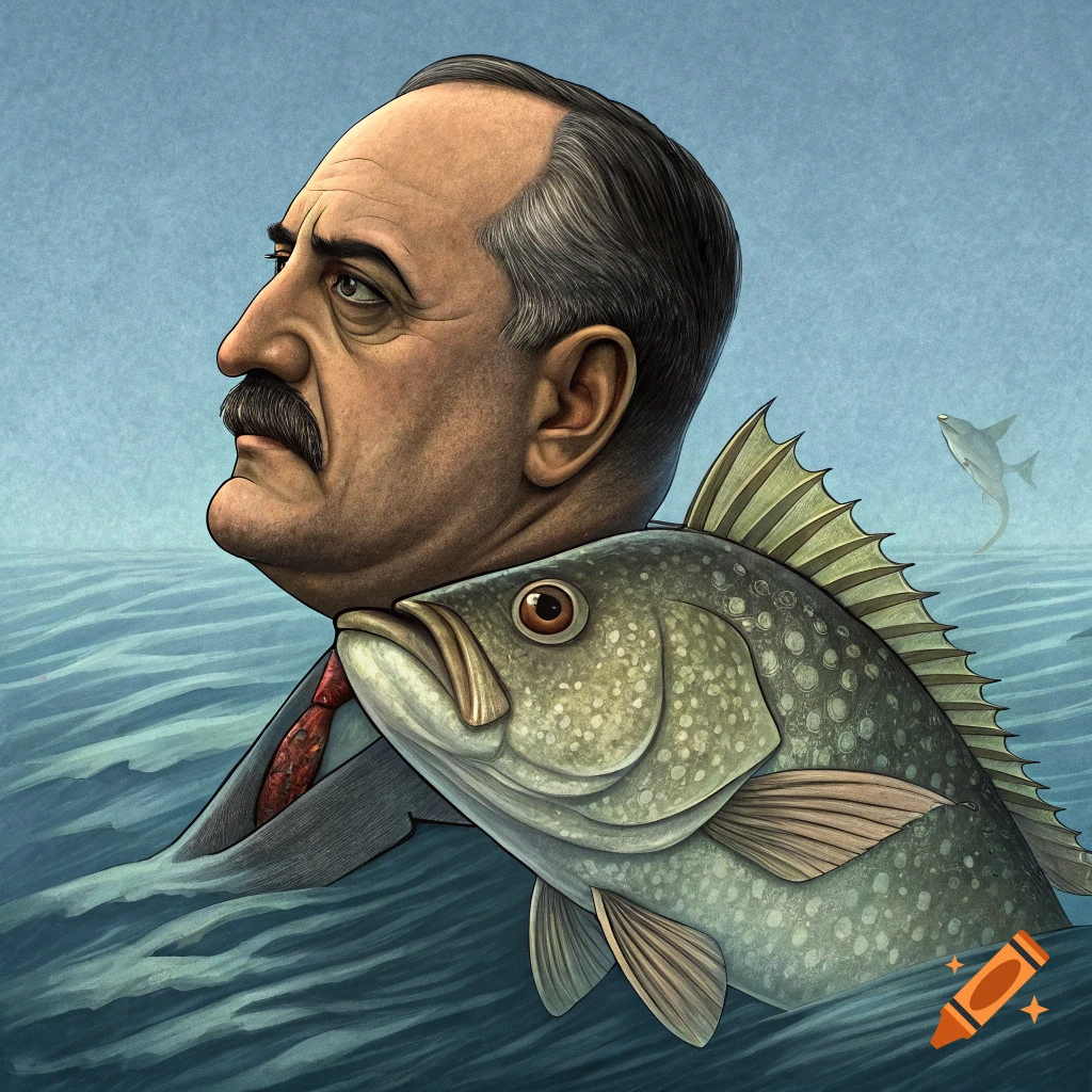 Caricature of a man's head merged with a fish body emerging from the water.