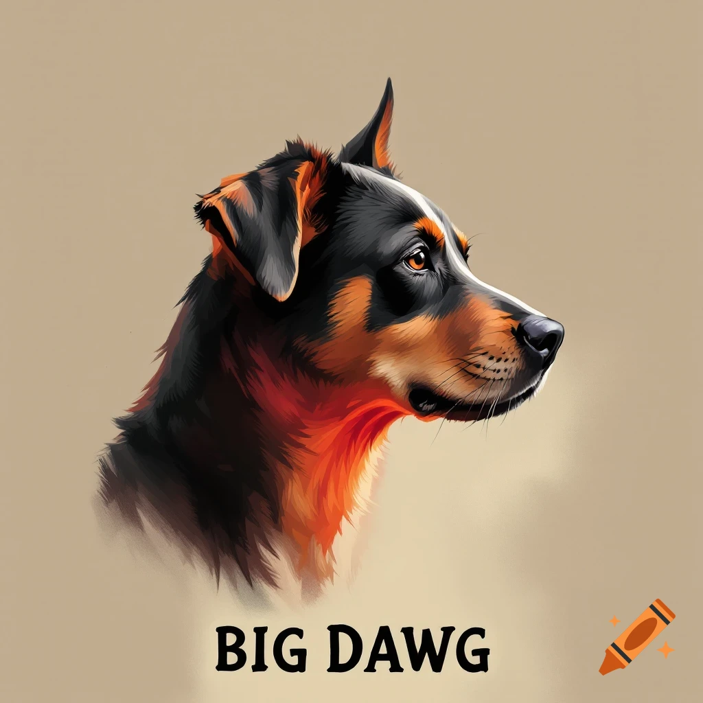 A black and brown dog's head is shown in profile with the text BIG DAWG next to it.