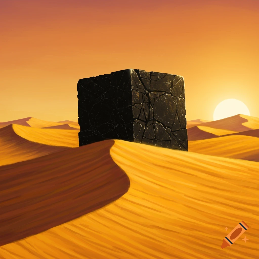 A large, cracked black cube sits in desert dunes under an orange sky and setting sun.