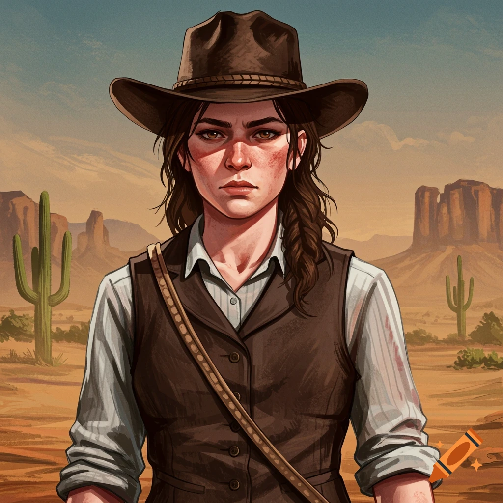 A woman wearing a cowboy hat and vest is standing in a desert landscape.