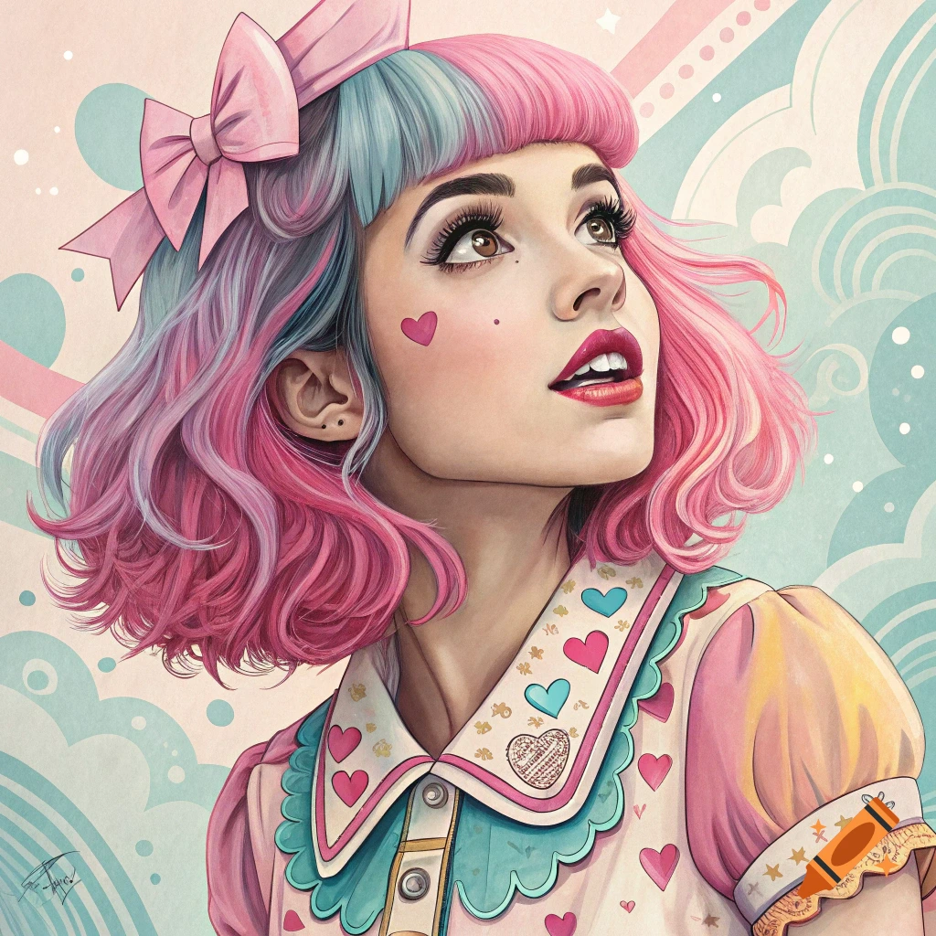 A stylized portrait of a person with split pink and blue hair, a large pink bow, heart cheek mark, and a doll-like outfit with hearts.