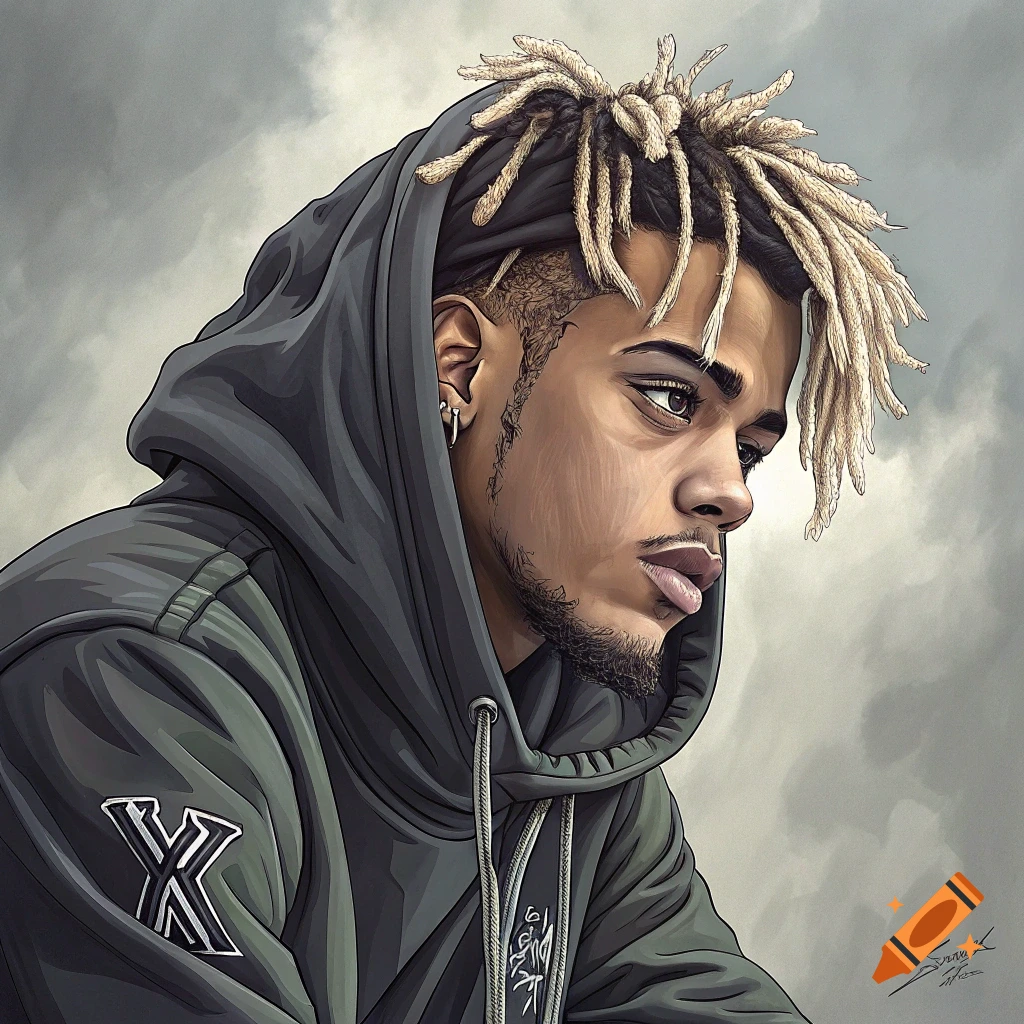 Stylized portrait of a man with dreadlocks wearing a dark hoodie with a logo.