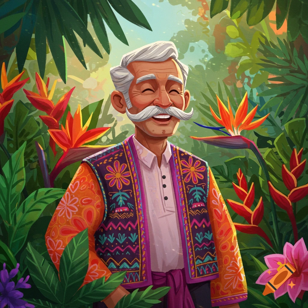 An elderly man with a mustache is smiling in a tropical garden.