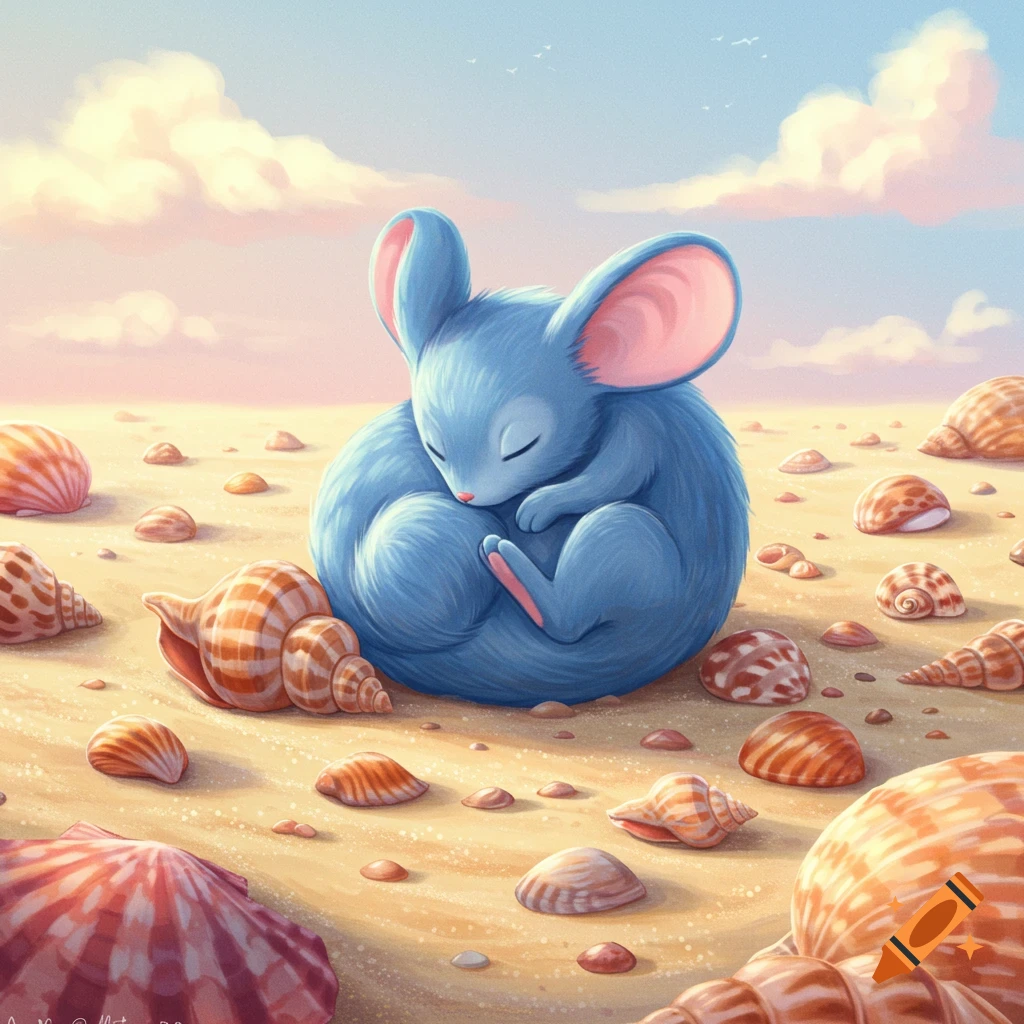 A blue mouselike creature is curled up sleeping on a beach surrounded by seashells.