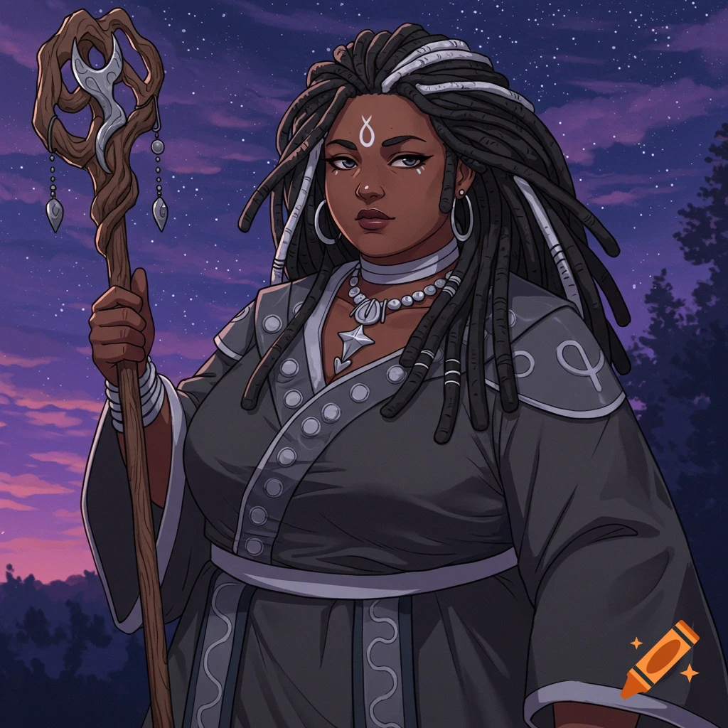 A plus-sized black woman shaman with locs holds a staff against a starry sky in anime art style.
