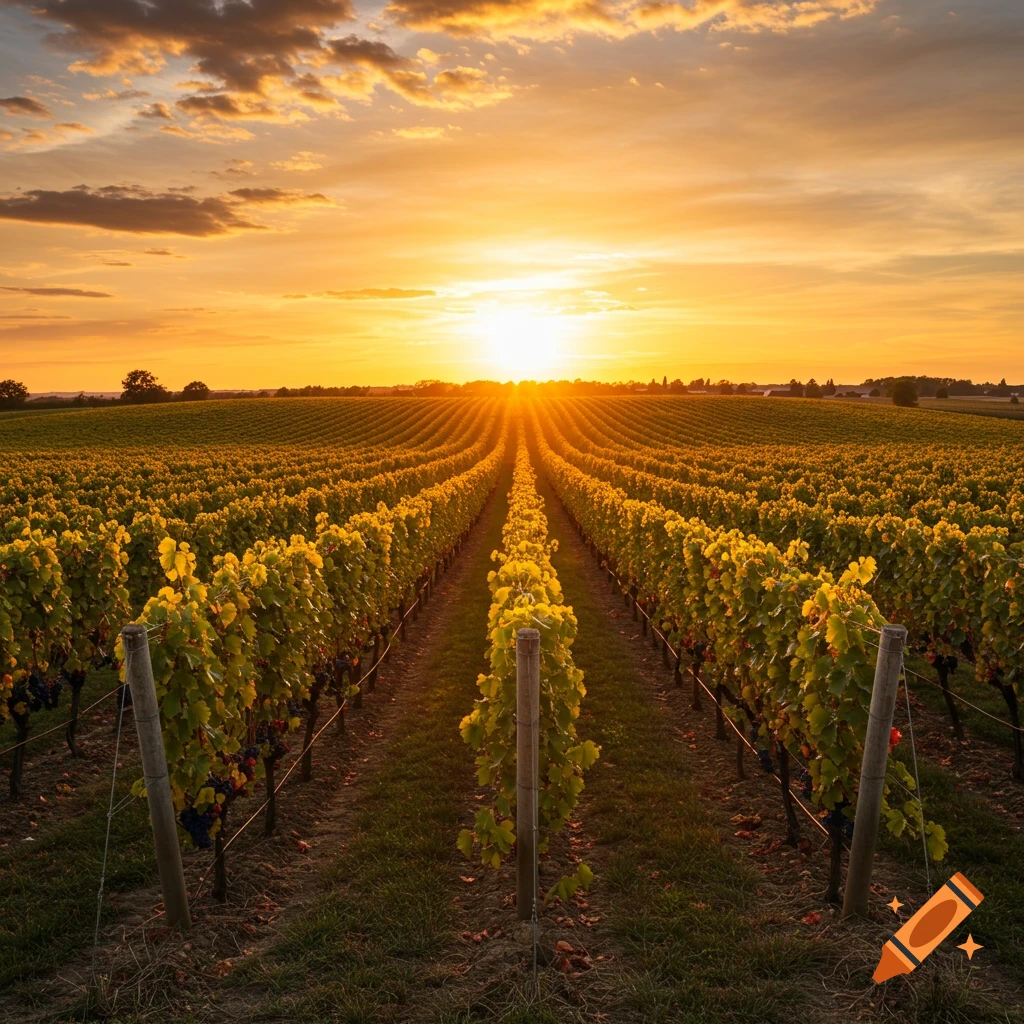 Rows of grapevines in a vineyard at sunset, with the sun low on the horizon
