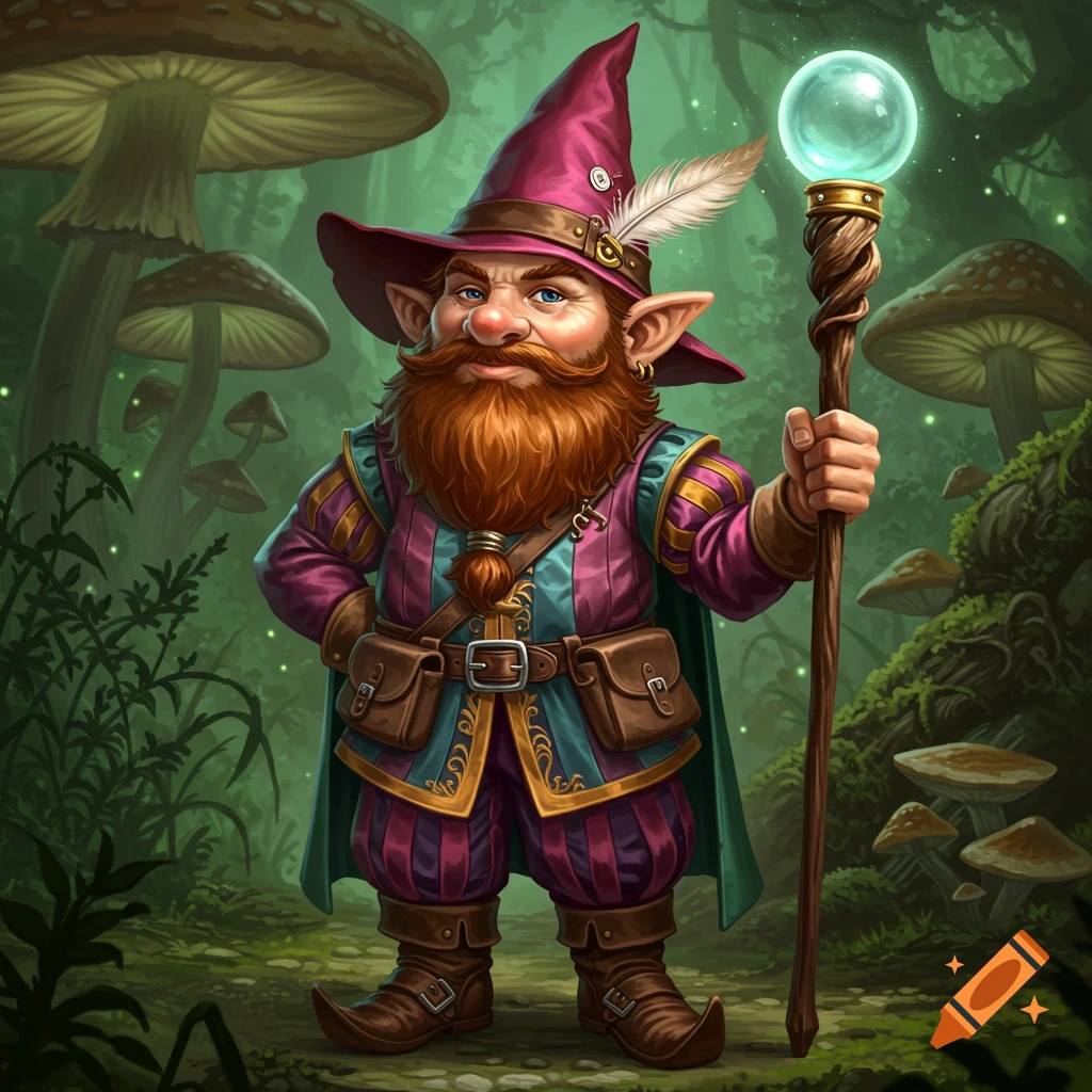 A gnome wizard with a staff is in a mushroom forest.