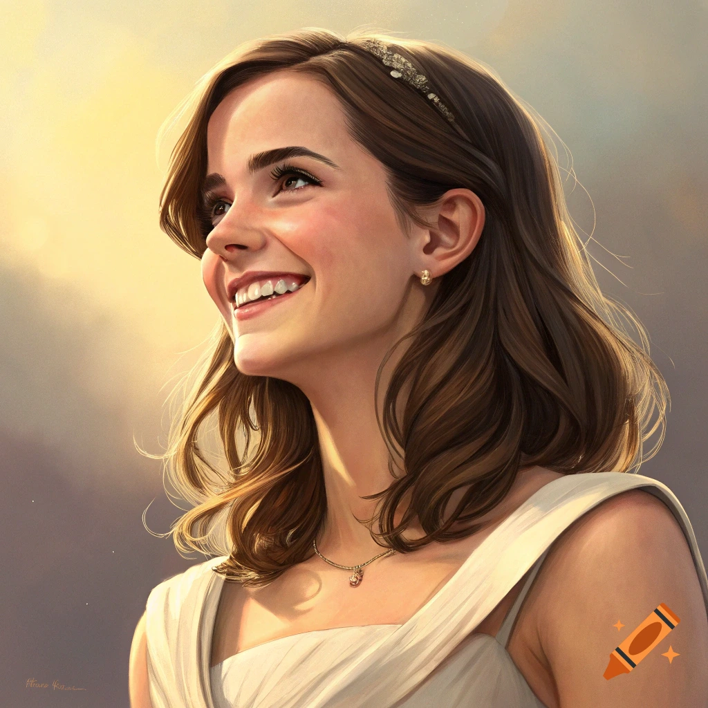 Realistic portrait of a smiling woman looking upwards