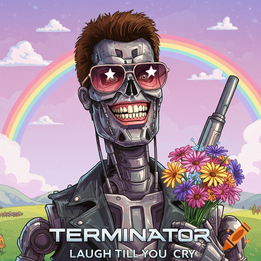 A robot holding flowers and a gun, with a rainbow behind him. Text reads "TERMINATOR LAUGH TILL YOU CRY".