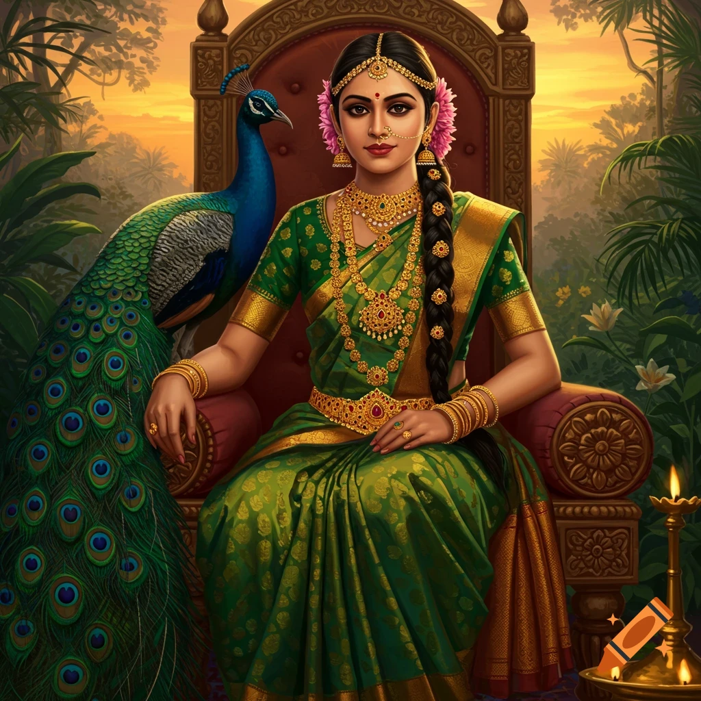 An Indian princess in green attire and gold jewels, sitting on a throne with a peacock in a jungle at sunset.