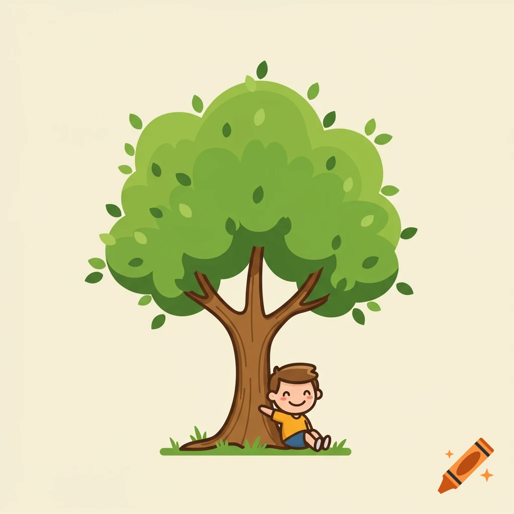 A cute cartoon illustration of a boy sitting under a green tree.