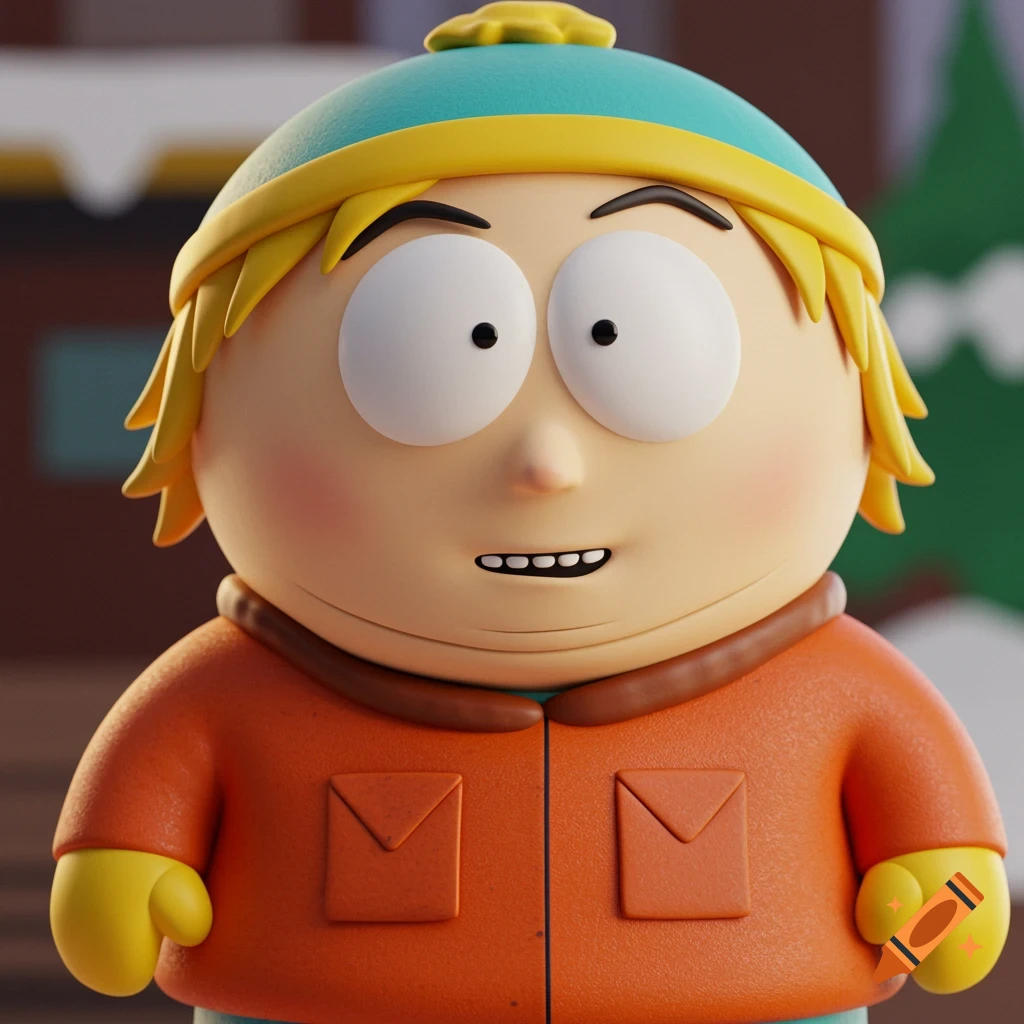 A 3D rendered portrait of Eric Cartman from South Park in his orange parka.