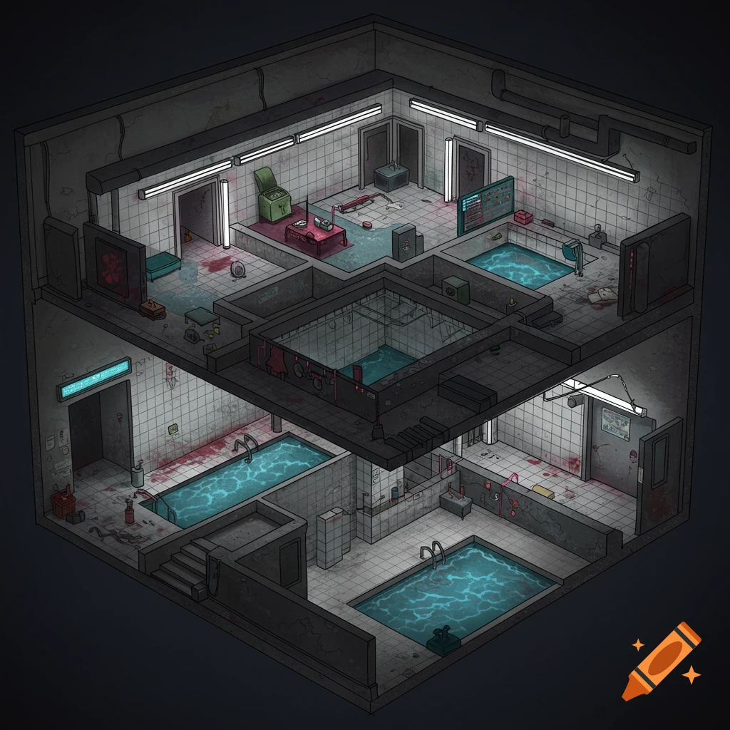 An isometric cross-section of a multi-level liminal space with pools, white tiles, fluorescent lights, and bloodstains.