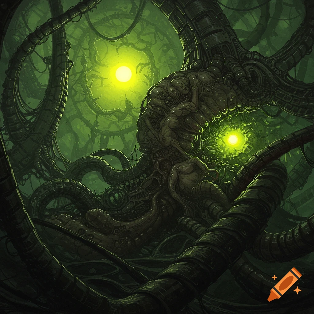 A grotesque bio-mechanical horror creature is in a dark, green-lit environment.