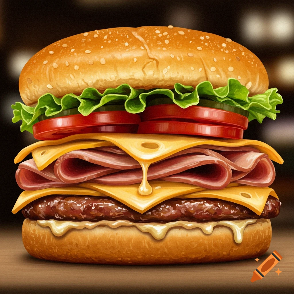 Detailed image of a tall burger with melting cheese