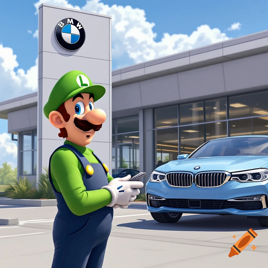 Luigi stands outside a BMW dealership with a blue car.