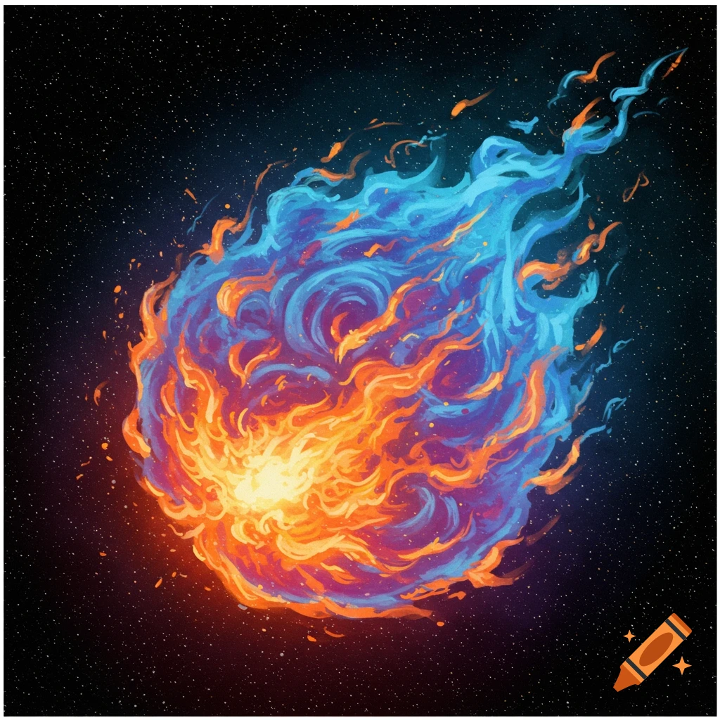 A swirling orb of blue and orange fire against a starry space background, digital art.
