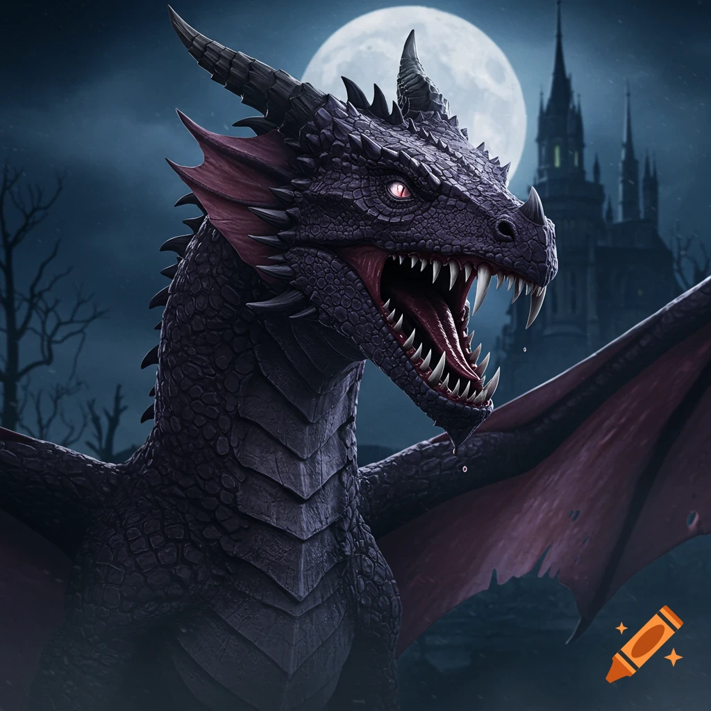 Close-up of a dark purple dragon with glowing red eyes and open mouth against a full moon and castle.
